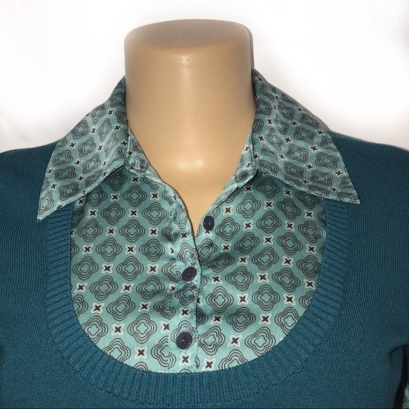 90s LOFT Knit Short Sleeve Top Satin layered Twofer Teal Burgundy size XS - Picture 6 of 10